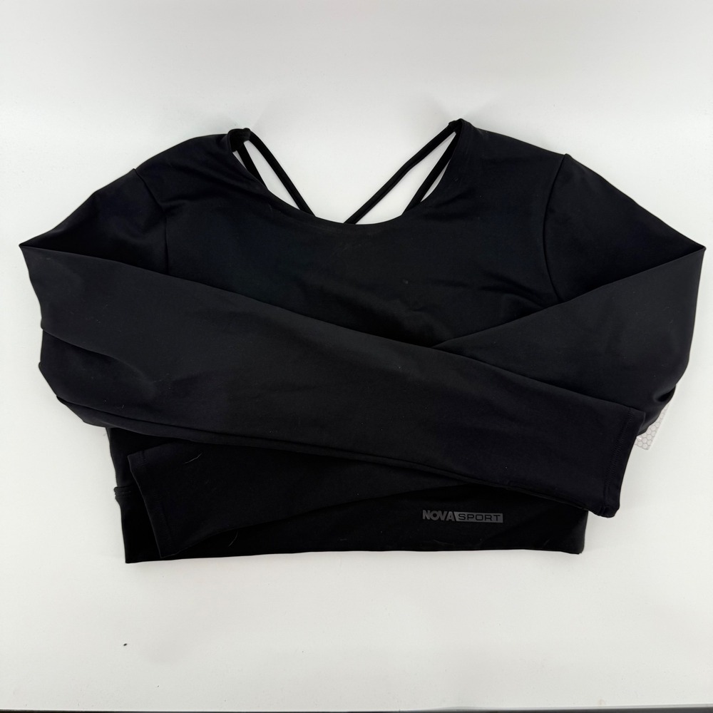 Fashion Nova Sport Black Long Sleeve Crop Top‎ Open Back Activewear Womens XL